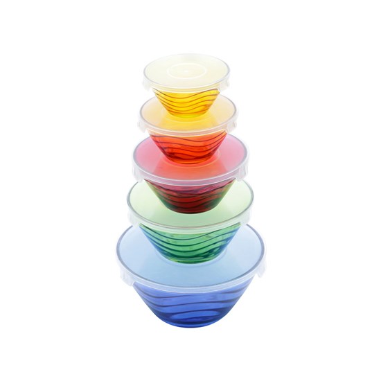 Imagem CONJUNTO COM 5 BOWLS DE VIDRO COM TAMPA CORES COLORIDAS