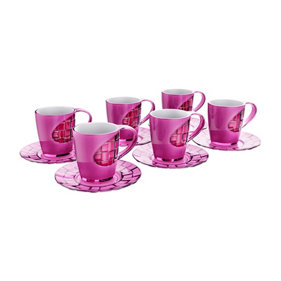 Imagem CONJUNTO COM 6 XÍCARAS DE CHÁ COM PIRES TRAMA TRANSPARENTE 250ML ROSA CP01