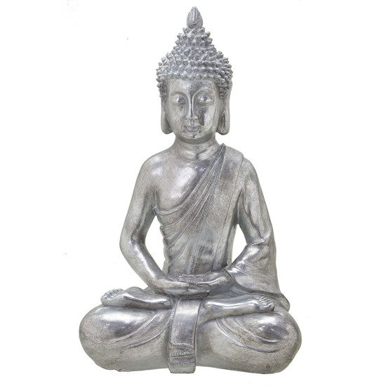 Imagem ESCULTURA BUDA DECORATIVO EM RESINA NA COR PRATEADA 24,5 X 18 X 38 CM