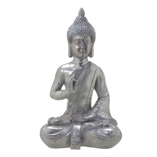 Imagem ESCULTURA BUDA DECORATIVO EM RESINA COR PRATEADO 27 X 16,5 X 45 CM