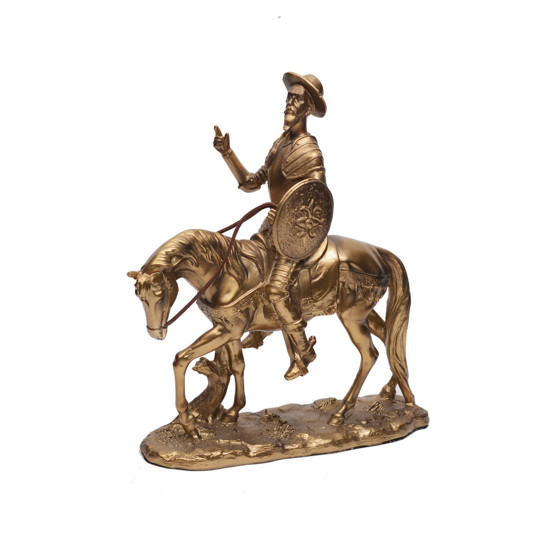 Imagem ESCULTURA DECORATIVA EM RESINA DOURADA HOMEM COM CAVALO 