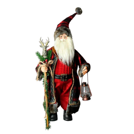 Imagem PAPAI NOEL DECORATIVO EM PÉ XADREZ VERMELHO COM CAJADO E LÂMPARINA 60CM - TOK DA CASA 