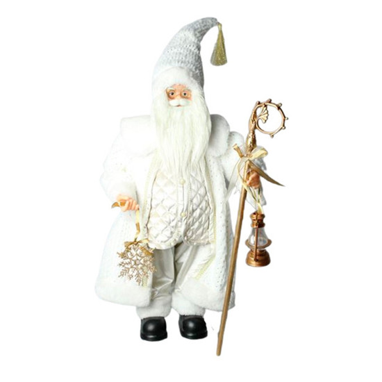 Imagem PAPAI NOEL DECORATIVO EM PÉ COM CAJADO COR BRANCO E DOURADO 60CM - TOK DA CASA 