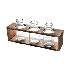 Imagem de VASO DECORATIVO COM SUPORTE DE MADIERA E 3 GARRAFAS DE VIDRO 35X9X14CM  - Lv Decor Presentes Ltda