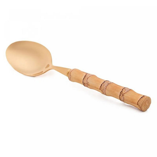 Imagem CONJUNTO 4 COLHERES DE SOBREMESA DE AÇO INOX COM CABO DE BAMBU TULUM DOURADO 16CM - WOLFF