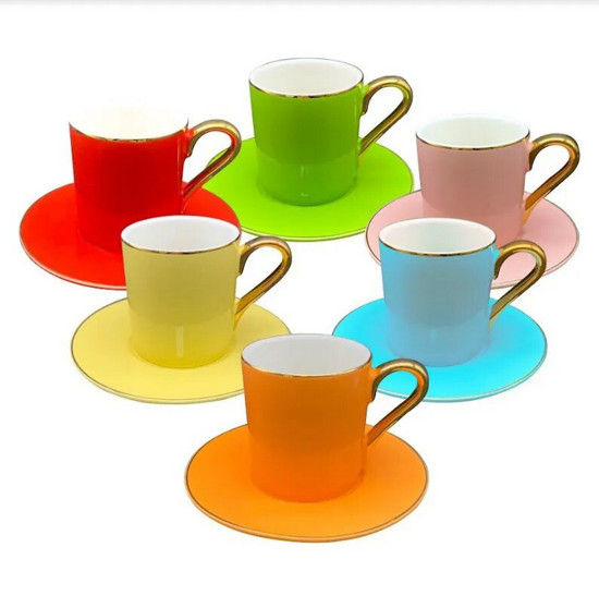 Imagem JOGO DE 12 PEÇAS PARA CAFÉ EM NEW BONE CHINA COM BORDA DOURADA 100ML COLORIDO 