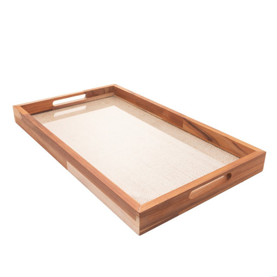 Imagem BANDEJA DE MADEIRA COM SISAL E FUNDO DE VIDRO TECA 70CM X 50CM X 5CM - WOLFF CRAFT