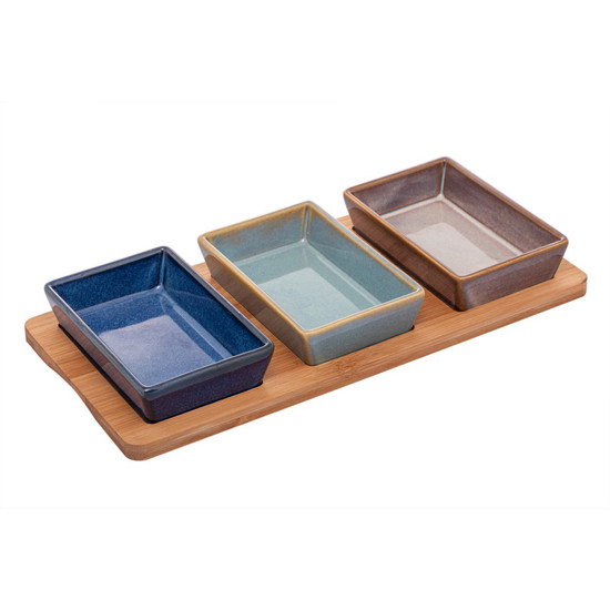 Imagem CONJUNTO 3 PETISQUEIRAS DE CERÂMICA COM BANDEJA DE BAMBU 31CM X 14,5CM X 3,5CM - LYOR