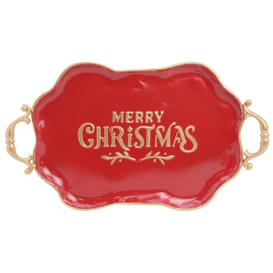 Imagem BANDEJA MERRY CHRISTMAS COR VERMELHO E DOURADO 54X4,5X29CM - CROMUS 