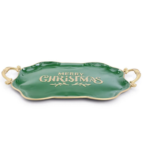 Imagem BANDEJA MERRY CHRISTMAS COR VERDE E DOURADO 54X4,5X29CM - CROMUS 