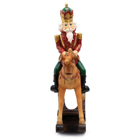 Imagem CAVALO DECORATIVO DE BALANÇO COM SOLDADO COR VERMELHO, VERDE E DOUIRADO 29CM NATALINO  - CROMUS 