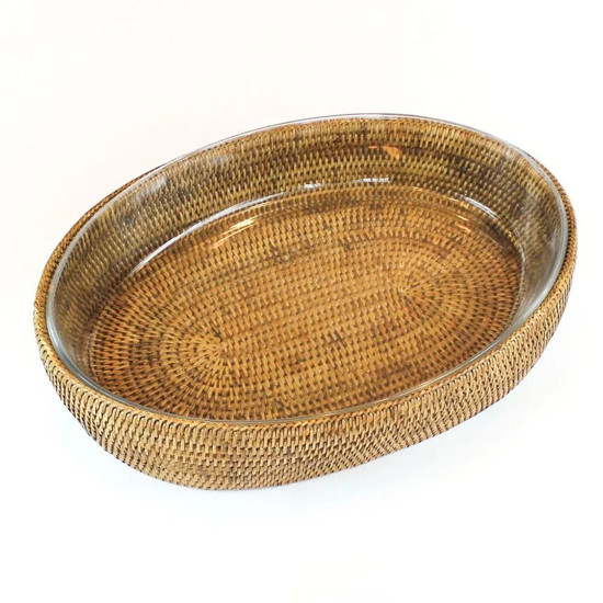 Imagem REFRATÁRIO OVAL 41 CM COM SUPORTE EM RATTAN MAYA - NATURAL HOME 