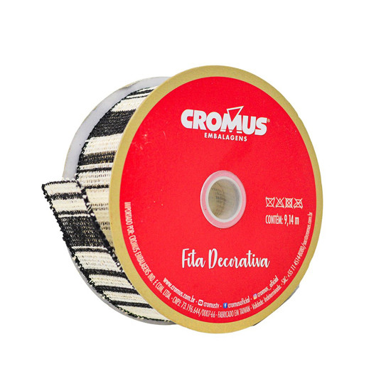 Imagem FITA NATALINA LISTRADA COR PRETO E BRANCO 3,8CM X 9,14 METROS - CROMUS 