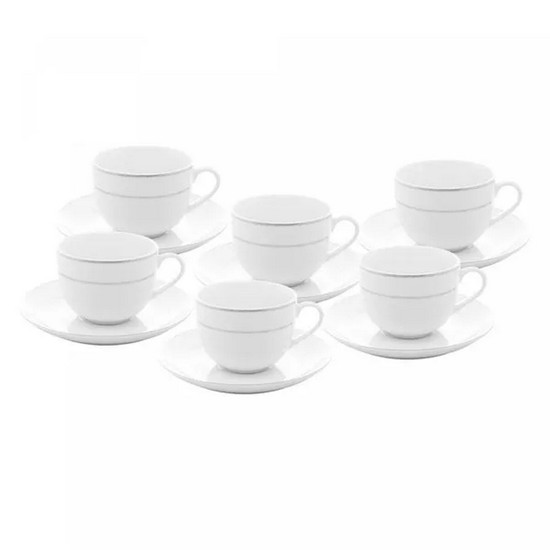 Imagem CONJUNTO 6 XÍCARAS DE CHÁ DE PORCELANA COM PIRES E BORDA PRATEADA MÔNACO BRANCO 220ML 