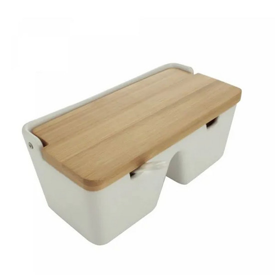 Imagem SALEIRO DE MESA COM 2 DIVISÓRIAS DE CERÂMICA E TAMPA DE BAMBU E COLHER BIANCO 19CM X 9CM