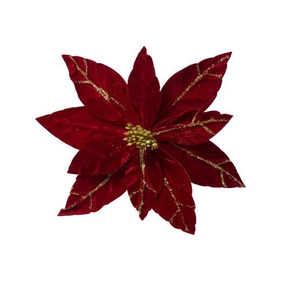 Imagem FLOR POINSETIA DECORATIVA VERMELHA COM GLITTER DOURADO CABO CURTO 40CM