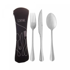 Imagem de CONJUNTO 4 PEÇAS ESTOJO DE NEOPRENE PRETO COM 3 TALHERES POSITANO EM INOX - LYOR - Coliseu Presentes Ltda