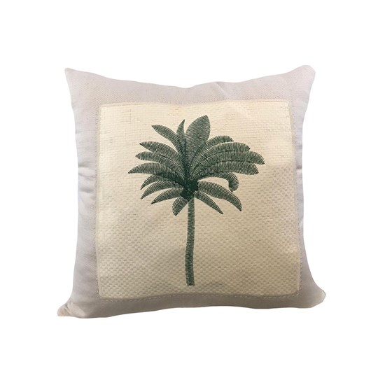 Imagem ALMOFADA LINHO 52X52 C/ APLICAÇÃO PALHA BORDADA COQUEIRO VERDE DECORTEXTIL