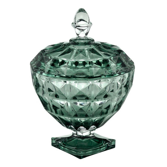Imagem POTICHE DECORATIVO CRISTAL COM PÉ TAMPA DIAMANT VERDE 18X24CM WOLFF