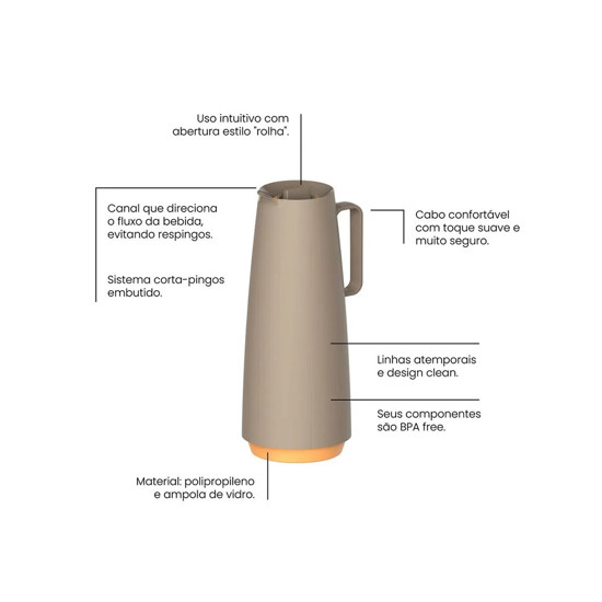 Imagem BULE TÉRMICO TRAMONTINA EXATA EM POLIPROPILENO BEGE COM AMPOLA DE VIDRO 1 L