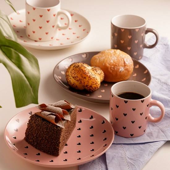 Imagem CONJUNTO 6 PRATOS DE CERÂMICA BON GOURMET CORAÇÃO COR ROSA, BRANCO E CINZA