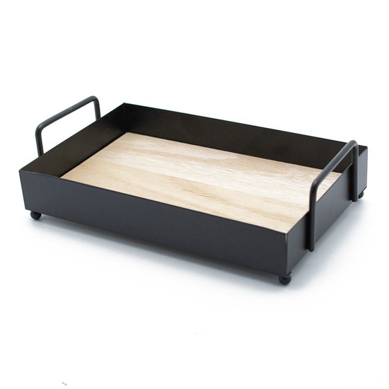 Imagem BANDEJA RETANGULAR DE METAL COM FUNDO EM MDF E ALÇA PRETO FOSCO 14X22X6CM - LYOR