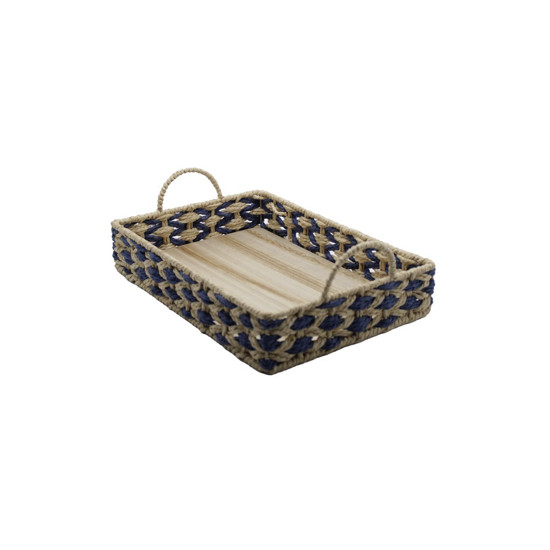 Imagem BANDEJA RETANGULAR PALHA COLOR CESTARIA COM ALÇA 35X25X12CM COR AZUL COM NATURAL
