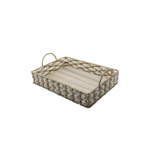 Imagem BANDEJA RETANGULAR PALHA COLOR CESTARIA COM ALÇA 35X25X12CM COR BRANCO COM NATURAL