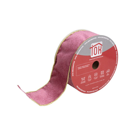 Imagem FITA DECORATIVA NATALINA COR MARSALA VELUDO COM BORDA DOURADA 6.3CMX9.14M - TOK DA CASA