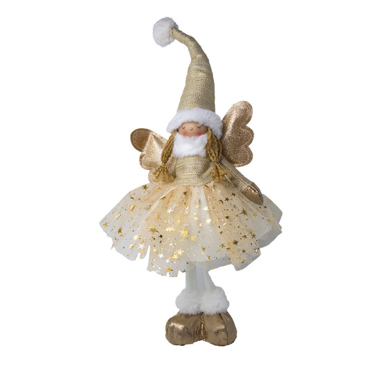 Imagem ANJO EM PÉ COM VESTIDO EM TULE COM LED MOVIDO A PILHAS 2AAA COE DOURADO COM BRANCO 50CM - CROMUS 