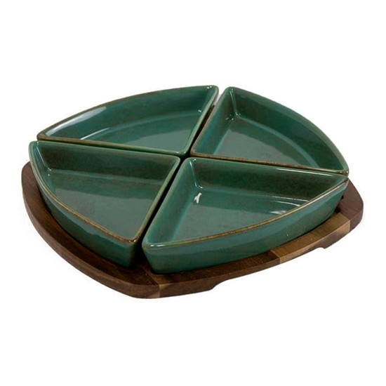 Imagem PETISQUEIRA EM CERÂMICA VERDE COM BASE DE MADEIRA E 4 BOWLS 28X28X5 CM