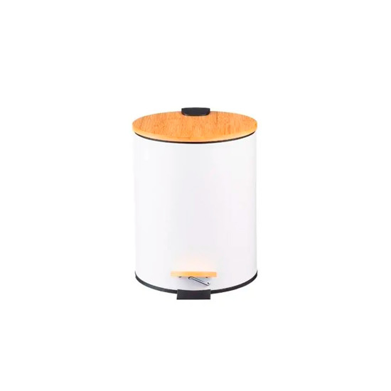Imagem LIXEIRA 5L EM METAL BRANCO COM TAMPA E PEDAL EM BAMBÚ 27X26X20 CM - PARAMOUNT IND