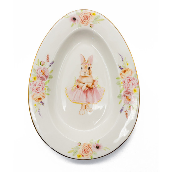 Imagem PRATO OVAL DE PÁSCOA EM PORCELANA ESTAMPA COELHA E BORDA DOURADA - TOK DA CASA