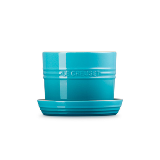 Imagem VASO AZUL CARIBE EM CERÂMICA PARA ERVAS COM BANDEJA 12X14X14CM - LE CREUSET