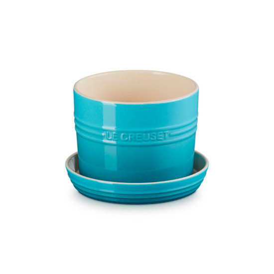 Imagem VASO AZUL CARIBE EM CERÂMICA PARA ERVAS COM BANDEJA 12X14X14CM - LE CREUSET
