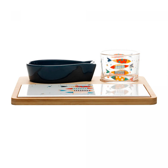 Imagem CONJUNTO 4 PEÇAS PETISQUEIRA DE VIDRO COM BOWL BANDEJA DE BAMBU E TÁBUA IKI - WOLFF