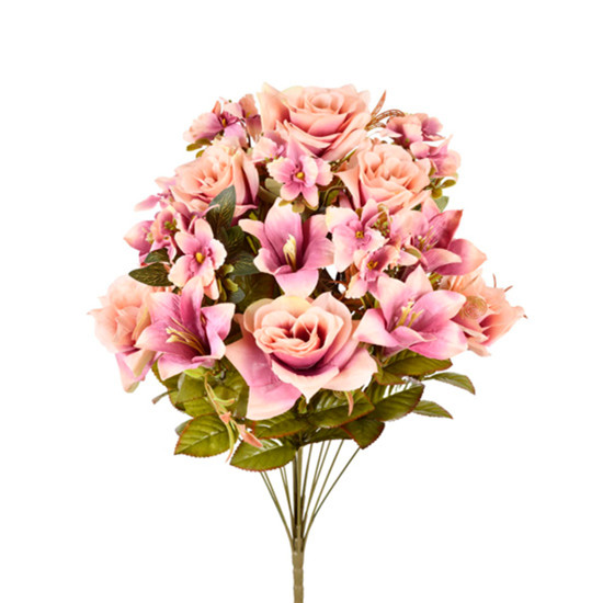 Imagem BUQUÊ MISTO DECORATIVO DE ROSA LÍRIO E ORQUÍDEA MALVA EM PLÁSTICO 54X30CM - GRILLO