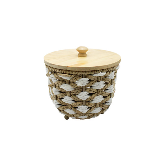 Imagem CESTA DECORATIVA REDONDA EM PALHA CESTARIA COR BEGE E BRANCA 16X17X17CM - ENTRECASA