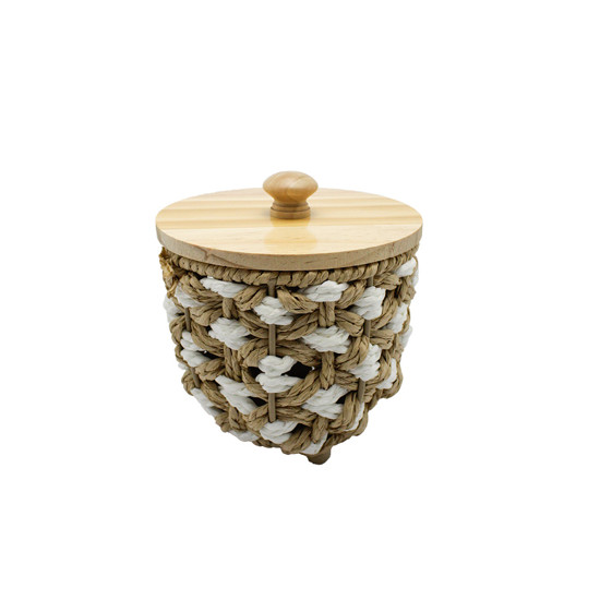 Imagem CESTA DECORATIVA REDONDA EM PALHA CESTARIA COR BEGE E BRANCA 14X13X13CM - ENTRECASA