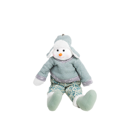 Imagem BONECO DE NEVE SENTADO DECORATIVO DE NATAL COR BRANCO, VERDE E DOURADO 54CM COM GUIZO NO GORRO 