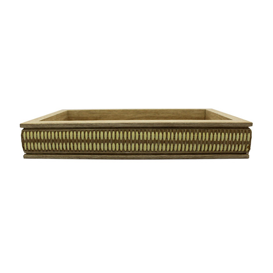 Imagem BANDEJA RETANGULAR DECORATIVA EM MDF COM DETALHES EM PALHA BEGE 5X25X15CM ENTRECASA