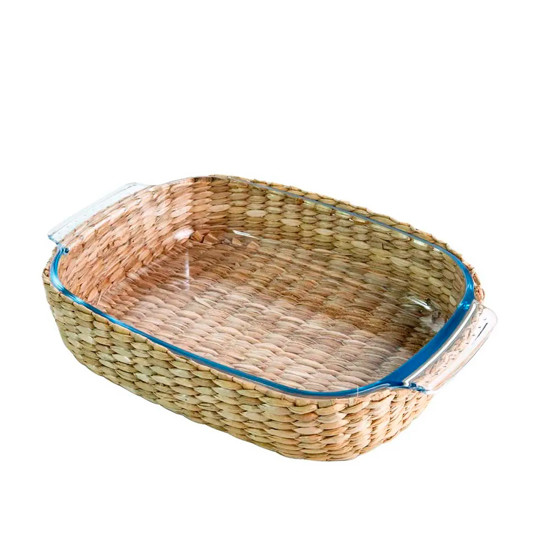 Imagem TRAVESSA RETANGULAR EM VIDRO BOROSSILICATO REVESTIDA EM RATTAN 6X34X22M - DYNASTY