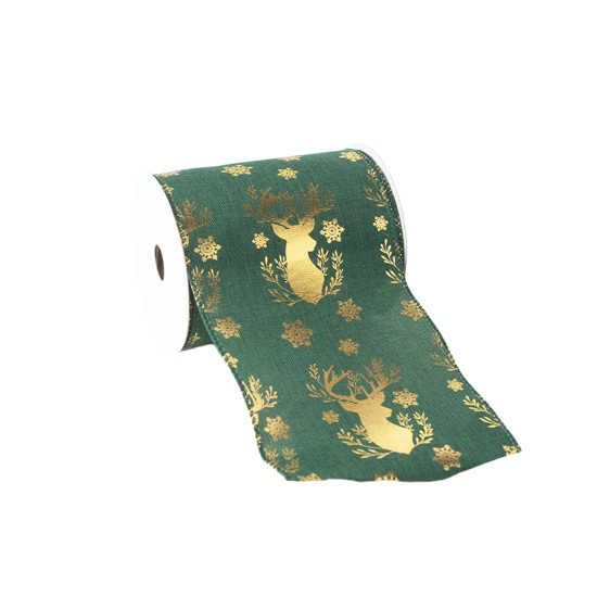 Imagem FITA DE NATAL COR VERDE COM DOURADO RENA, FLOCO DE NEVE E FLORES 12CM X 9,14 METROS  DINATALE IMPORT