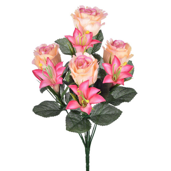 Imagem BUQUÊ MISTO DECORATIVO DE ROSA E LÍRIO SALMÃO EM PLÁSTICO MOLDÁVEL 35X18CM - GRILLO
