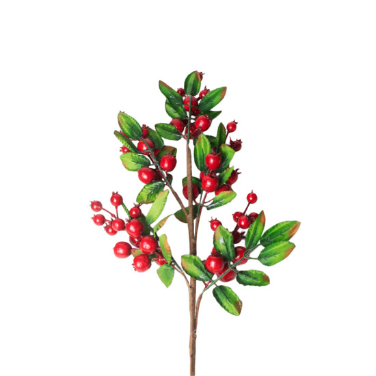 Imagem HASTE DE BERRIES VERMELHAS COM FOLHAS VERDE DECORATIVAS EM METAL E PLÁSTICO 70X20 CM