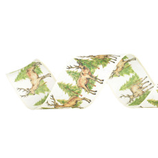 Imagem de FITA ARAMADA BRANCA E VERDE NATALINA DE RENAS E PINHEIROS EM POLIÉSTER - CROMUS - Cromus Embalagens Ind E Com Ltda