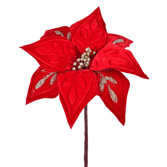 Imagem HASTE DECORATIVA DE POINSÉTIA VERMELHA COM GLITTER EM POLIÉSTER 20X28CM - GRILLO