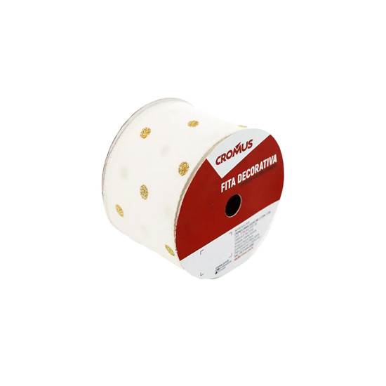 Imagem FITA ARAMADA DECORATIVA BRANCA E DOURADA EM POLIÉSTER 6,3CM X 9,14M - CROMUS