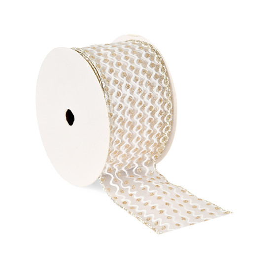 Imagem FITA ARAMADA DECORATIVA EM CETIM BRANCO E CHAMPAGNE 6,3CM X 9,14M - GRILLO
