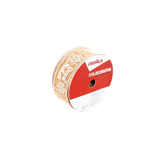 Imagem FITA ARAMADA NATALINA BEGE E BRANCA ESTAMPA GINGER DOCE NATAL 3,8CM X 9,14M - CROMUS
